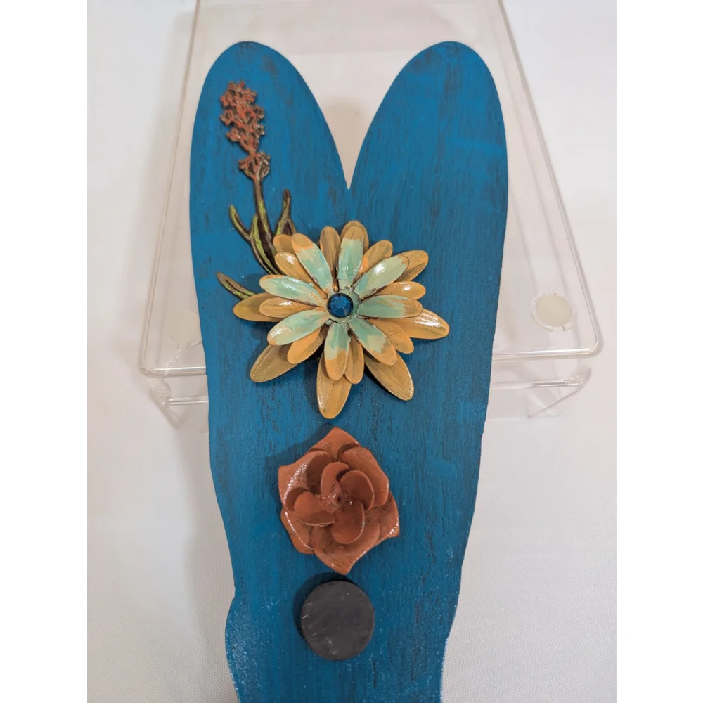 Magnetized Heart Wall Art - Blue Heart w/ Metal Flower Detailing